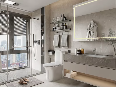 Modern Bathroom Interior With Glass Shower Marble Vanity Mirror And City View 3d model