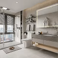 Modern Bathroom Interior With Glass Shower Marble Vanity Mirror And City View