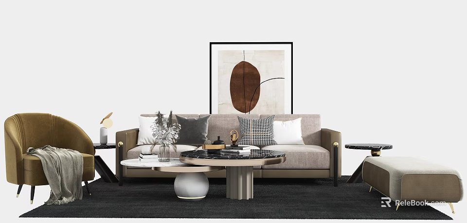 Modern Sofa and Coffee Table Set with Decorative Pillows Wall Art and Side Table 3d model
