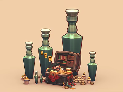 Decorative Ornament Set With Green Bottles Open Chest And Small Decorative Pieces 3d model
