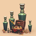 Decorative Ornament Set With Green Bottles Open Chest And Small Decorative Pieces
