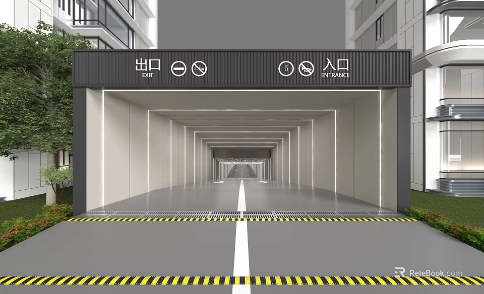 Parking Garage Entrance Exit With Building Exterior Driveway And Safety Stripes 3d model 