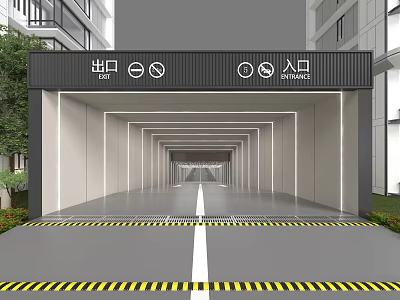 Parking Garage Entrance Exit With Building Exterior Driveway And Safety Stripes 3d model
