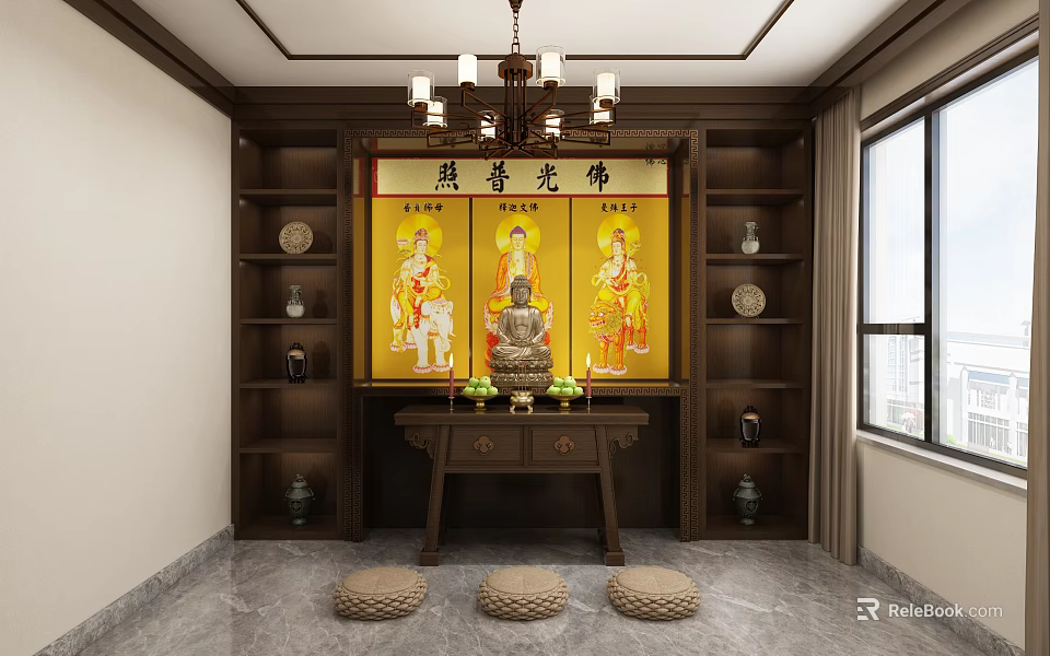 Traditional Buddhist Worship Shrine With Golden Portraits Central Buddha Statue Wooden Altar And Prayer Cushions 3d model 