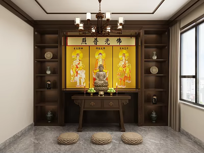 Traditional Buddhist Worship Shrine With Golden Portraits Central Buddha Statue Wooden Altar And Prayer Cushions 3d model