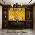 Traditional Buddhist Worship Shrine With Golden Portraits Central Buddha Statue Wooden Altar And Prayer Cushions