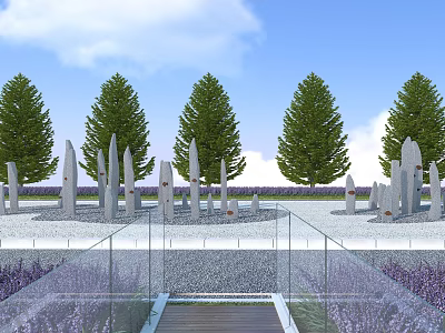 Garden Ornaments with Tall Green Trees Stone Pillars Purple Flower Beds and Wooden Path 3d model