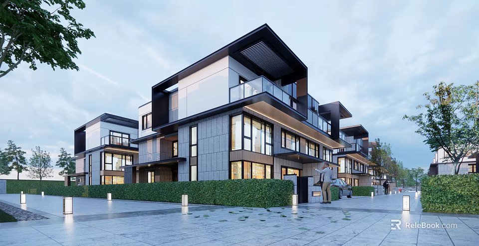 Modern Townhouse Exterior Design with Balconies Large Glass Windows Landscaped Hedges and Paved Driveway 3d model 