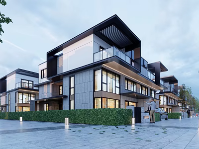Modern Townhouse Exterior Design with Balconies Large Glass Windows Landscaped Hedges and Paved Driveway 3d model