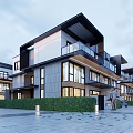 Modern Townhouse Exterior Design with Balconies Large Glass Windows Landscaped Hedges and Paved Driveway