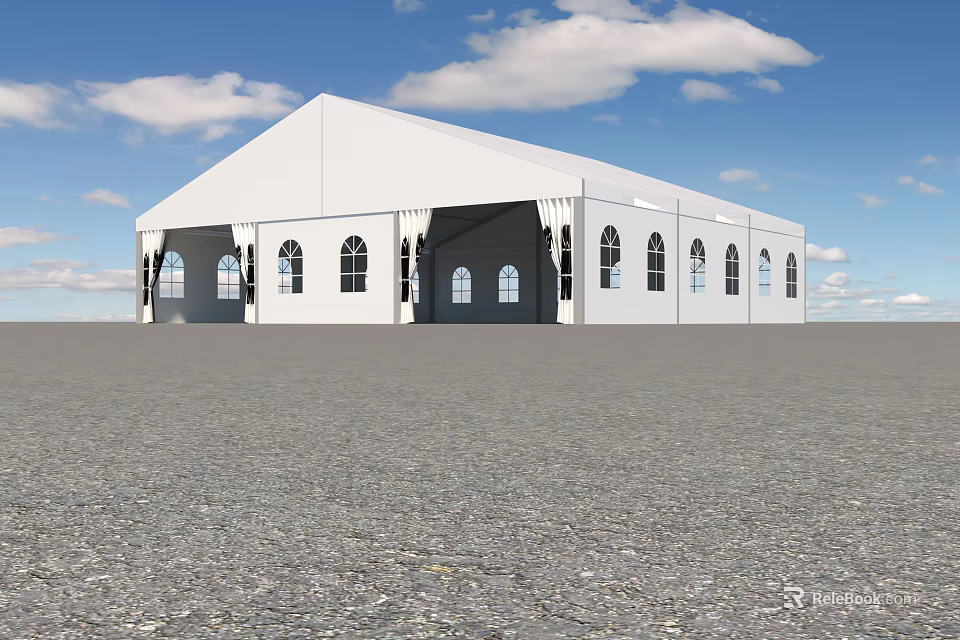 White Large Tent with Arched Windows and Doors under Blue Sky on Paved Ground 3d model 