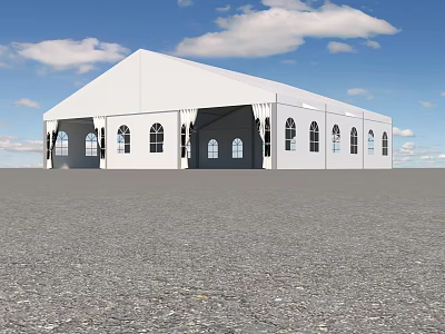 White Large Tent with Arched Windows and Doors under Blue Sky on Paved Ground 3d model