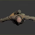 Man in military uniform with belt and boots standing with arms outstretched on gray background