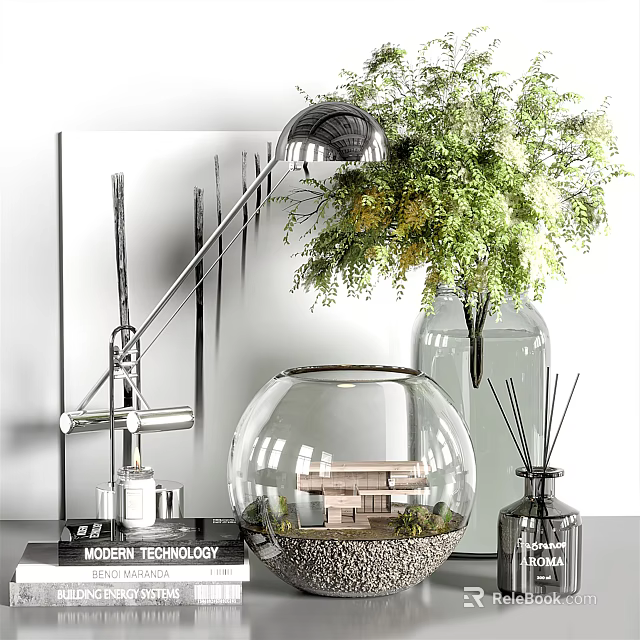 Modern Decorative Ornament Set With Glass Vase Green Plants Fishbowl And Decorative Lamp 3d model 