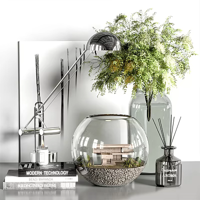 Modern Decorative Ornament Set With Glass Vase Green Plants Fishbowl And Decorative Lamp 3d model