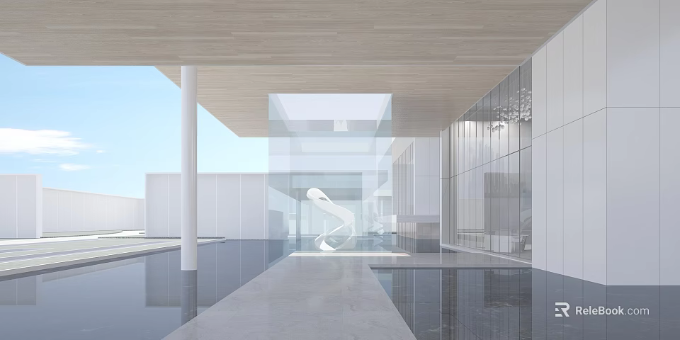 Modern Garden Landscape Design With Wooden Ceiling Glass Curtain Walls And Water Pool 3d model 