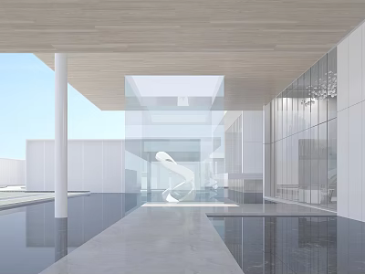 Modern Garden Landscape Design With Wooden Ceiling Glass Curtain Walls And Water Pool 3d model