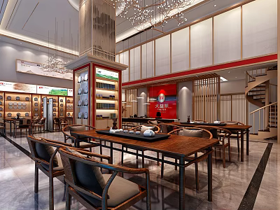 Classic Chinese Teahouse Interior Featuring Wooden Tables Chairs And Decorative Screens 3d model