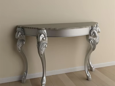 Elegant Silver Console Table With Carved Legs Against Light Colored Wall And Wooden Floor 3d model
