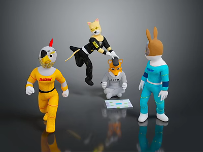 Game Movie Cartoon Characters With Dog Cat Rabbit Chicken In Colorful Costumes 3d model
