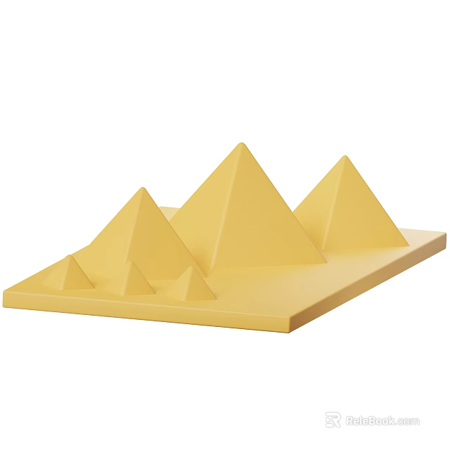 Multiple Yellow Pyramid Decorative Models With Different Sizes On Flat Rectangular Base 3d model 