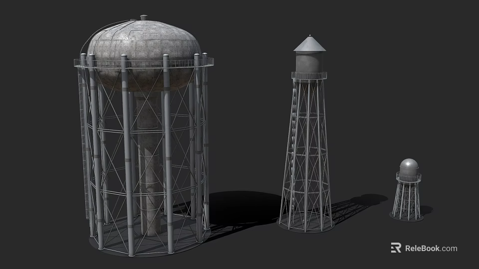 Three Water Towers Featuring Metal Frame Structures And Cylindrical Tanks Design 3d model 