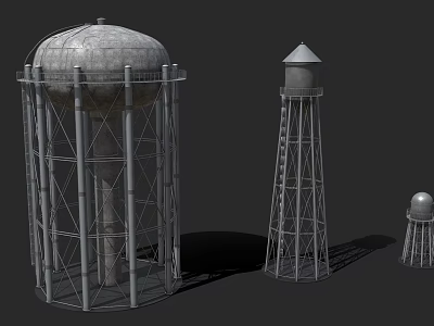 Three Water Towers Featuring Metal Frame Structures And Cylindrical Tanks Design 3d model