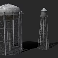 Three Water Towers Featuring Metal Frame Structures And Cylindrical Tanks Design 3d model