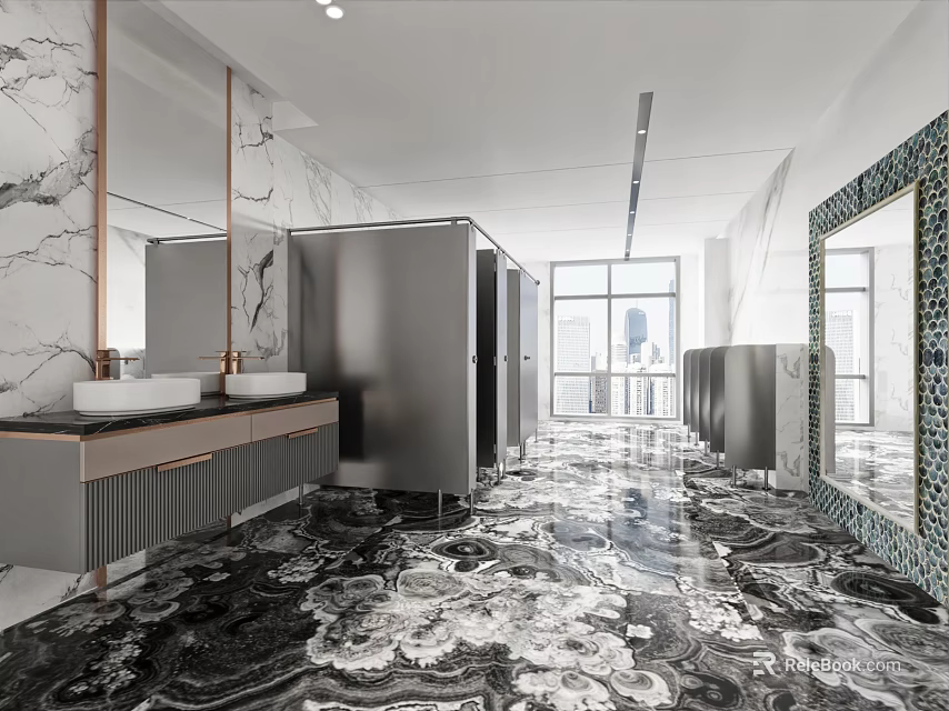Modern Public Restroom Interior With Marble Sinks Stalls And Windows 3d model 