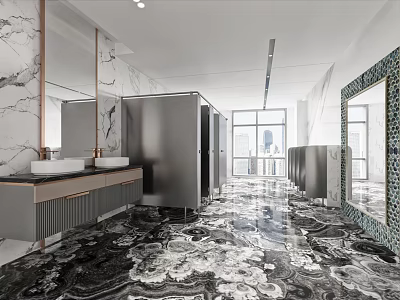 Modern Public Restroom Interior With Marble Sinks Stalls And Windows 3d model