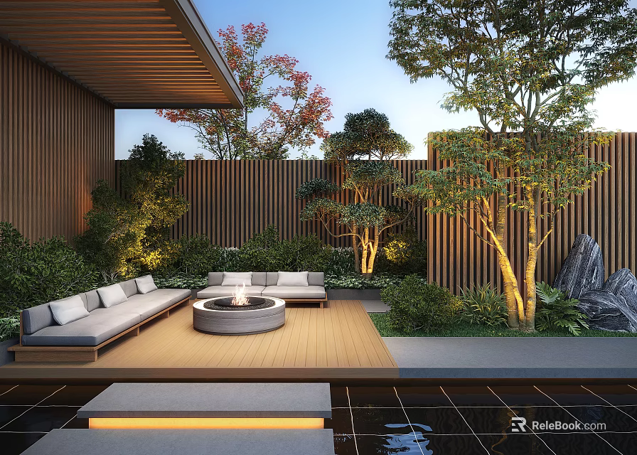 Modern Garden Landscape With Wooden Fence Outdoor Sofas Green Plants And Water Feature 3d model 