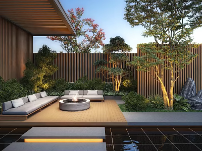 Modern Garden Landscape With Wooden Fence Outdoor Sofas Green Plants And Water Feature 3d model
