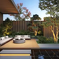 Modern Garden Landscape With Wooden Fence Outdoor Sofas Green Plants And Water Feature