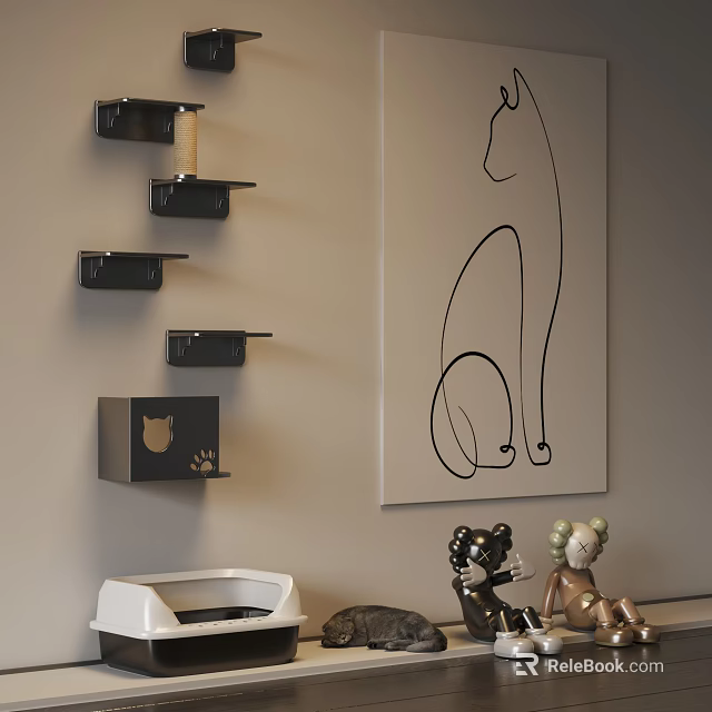 Cat Themed Household Items With Wall Shelves Art Print And Dolls 3d model 