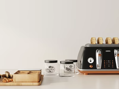 Black Kitchen Toaster With Toasted Bread Slices Glass Jars And Wooden Tray 3d model