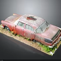 Old Red Rusty Car Model With Body Hole On Grass And Dirt Covered Base