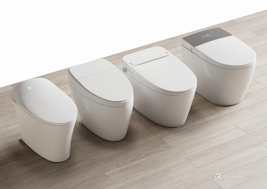 Sleek White Toilets With Various Designs Placed On Wooden Floor In Row 3d model 