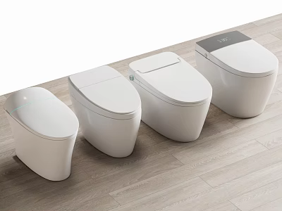 Sleek White Toilets With Various Designs Placed On Wooden Floor In Row 3d model