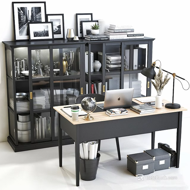 Modern Office Desk And Chair Set With Laptop Bookshelf Table Lamp And Decorations 3d model 