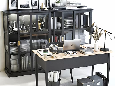 Modern Office Desk And Chair Set With Laptop Bookshelf Table Lamp And Decorations 3d model