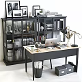 Modern Office Desk And Chair Set With Laptop Bookshelf Table Lamp And Decorations