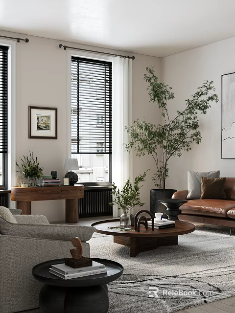 Modern Living Room Interior With Brown Leather Sofa Wooden Coffee Table Large Green Plant And Decorative Painting 3d model 