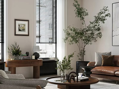 Modern Living Room Interior With Brown Leather Sofa Wooden Coffee Table Large Green Plant And Decorative Painting 3d model