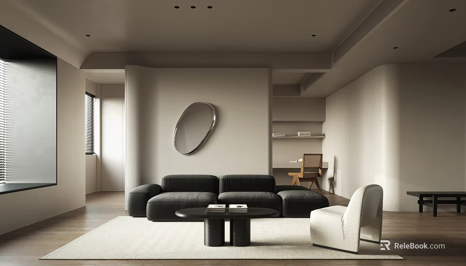 Warm Minimalist Modern Living Room With Comfy Sectional Sofa And Cozy Neutral Home Interior Design 3d model 