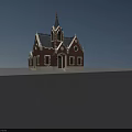 Detached Villa With Red Brick Exterior Spire And Arched Windows At Night