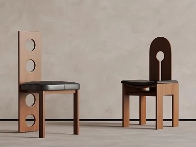 Stylish Wooden Chairs With Circular Hole Design And Black Cushions Against Gray Wall And Gray Floor 3d model