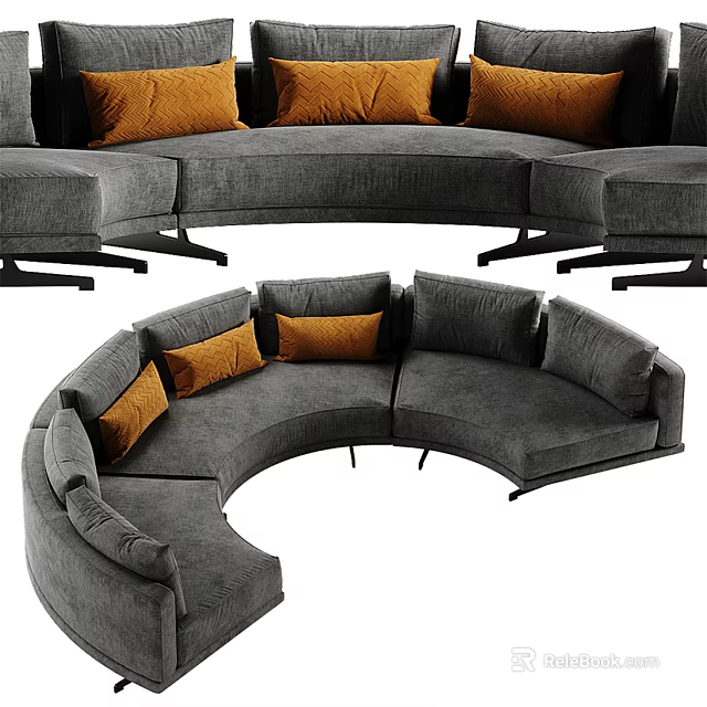 Modern Curved Sectional Sofa With Gray Upholstery And Orange Cushions 3d model 
