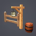Rustic Wooden Fence With Post Lantern And Barrel In Natural Setting