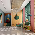 Modern Hotel Lobby With Colorful Walls Large Grid Windows Modern Chandelier And Blue Sofa