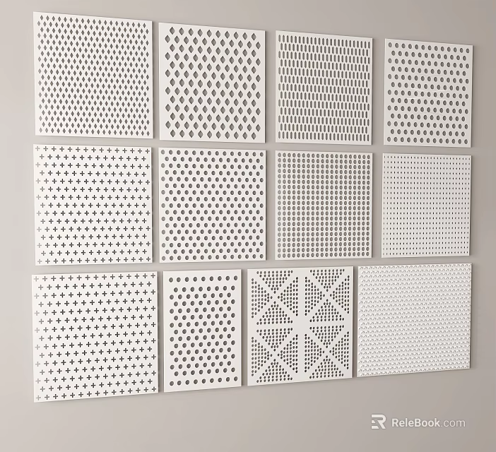 White Perforated Panel Components With Various Design Patterns And Grid Layout 3d model 